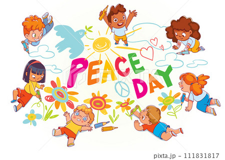 International day of peace. Kids doodle with colored crayons on the asphalt International day of peace. Kids doodle with colored crayons on the asphalt 111831817
