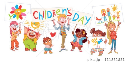 Kids hold up their drawings and a sign that reads International Children Day. Isolated white background Kids hold up their drawings and a sign that reads International Children Day. Isolated white background 111831821