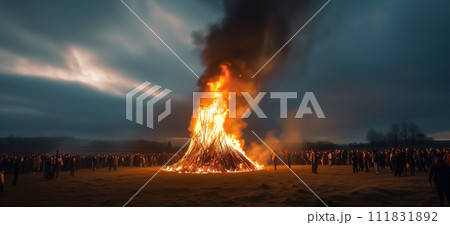AI-generated content. Easter Fire Or Osterfeuer. People Gather To Light Big Bonfire On Evening Before Easter Sunday. Horizontal Ai Generated. Celebrating Christian Holiday. Paschal Fire. Liturgical 111831892