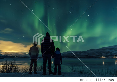 AI-generated content. A father and his children gaze at the vibrant Northern Lights illuminating the wintry night sky 111831969