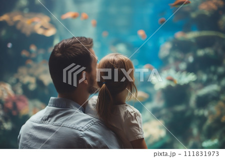 AI-generated content. A man and a young girl from behind looking at an aquarium display, surrounded by various fish species and aquatic plants 111831973