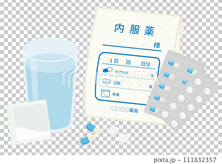 薬_病院で処方された薬とお水　カプセルと錠剤と粉薬 111832357