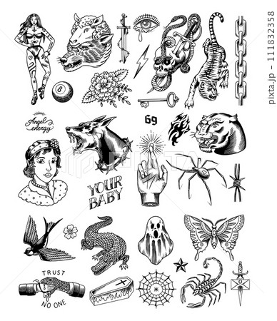 Old school Tattoo stickers set. Woman, crocodile, doberman dog, swallow, snake and handshake, ghost 111832358