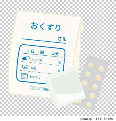 薬_病院で処方された薬　錠剤と粉薬	 111832360
