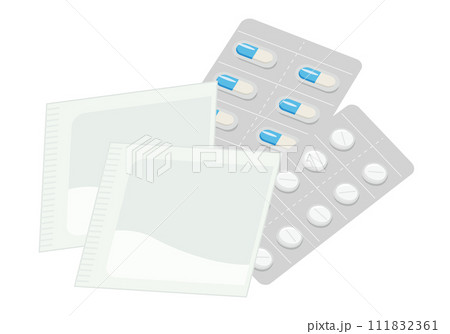 薬_病院で処方された薬　カプセルと錠剤と粉薬	 111832361