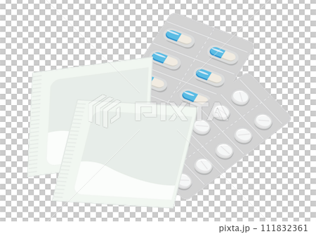 薬_病院で処方された薬　カプセルと錠剤と粉薬	 111832361