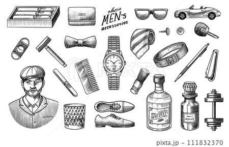 A Man Surrounded By Men 's Accessories. Gentleman, hipster or businessman, victorian era. watches 111832370