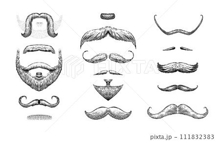 A set of moustache and beards on a white background. Hipster and retro barber or hairdresser 111832383