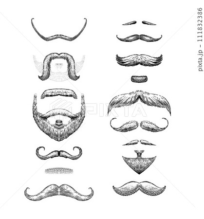 A set of moustache and beards on a white background. Hipster and retro barber or hairdresser A set of moustache and beards on a white background. Hipster and retro barber or hairdresser 111832386
