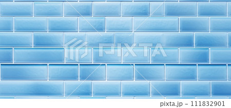 Blue light brick subway tiles ceramic wall texture, creating a wide tile background for banners and panoramas, Ai Generated. 111832901