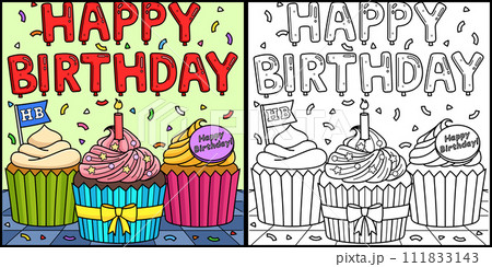 Happy Birthday Cupcakes Coloring Page Illustration Happy Birthday Cupcakes Coloring Page Illustration 111833143