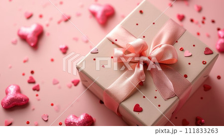Pink gift box with celebratory hearts on a pink background, Ai Generated 111833263