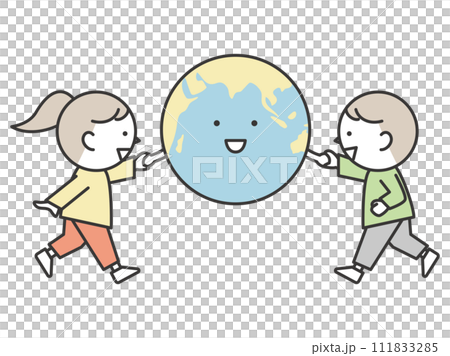 A boy and a girl holding hands with the earth, an image of global environmental protection 111833285