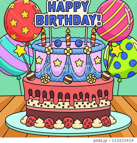 Happy Birthday Cake Colored Cartoon Illustration 111833414