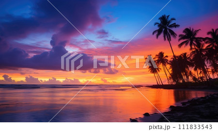Gorgeous, vivid sunset at a tropical sea beach, outlined by coconut tree silhouettes, Ai Generated. 111833543