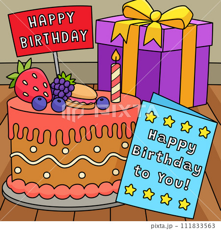 Birthday Cake, Card and Present Colored Cartoon  111833563