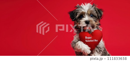 Puppy stands holding a red heart, radiating cuteness, Ai Generated 111833638