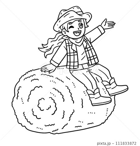 Cowgirl Sitting on Hay Bale Isolated Coloring Page 111833872