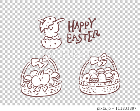 Line drawing of eggs and rabbit basket Easter hand-drawn illustration set 111833897