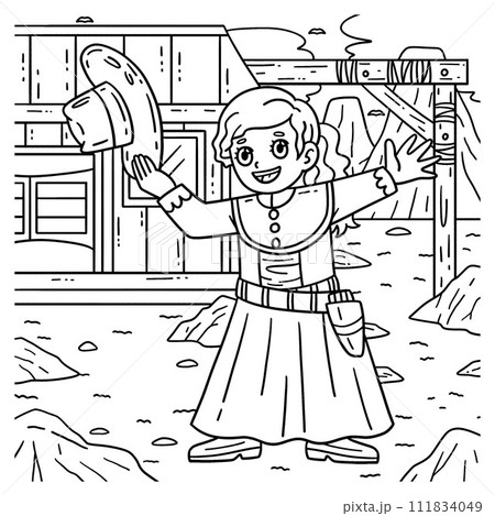 Cowgirl in a Dress Coloring Page for Kids 111834049