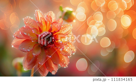 Capturing the beauty of a dew-kissed flower in mesmerizing macro photography against an abstract bokeh background, Ai Generated. 111834165