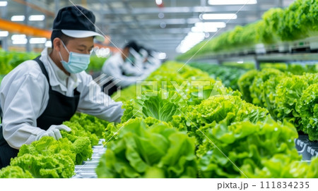 工場で栽培されるレタス 工場で栽培されるレタス 111834235