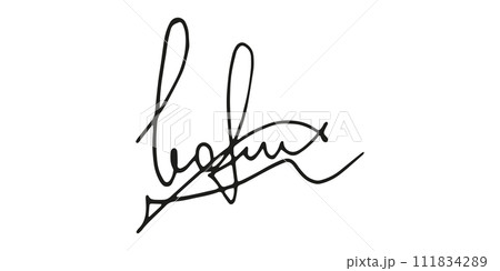 Fake signature hand drawn sample own autograph. Fictitious handwritten signature. Black ink. Scribble for sample contracts documents certificates or letters. Vector illustration. 111834289