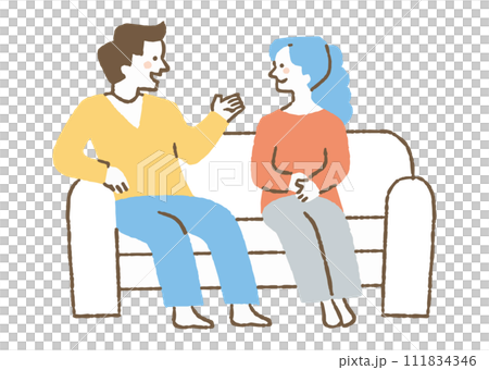 A man and a woman sitting on a sofa at home and talking_color 111834346