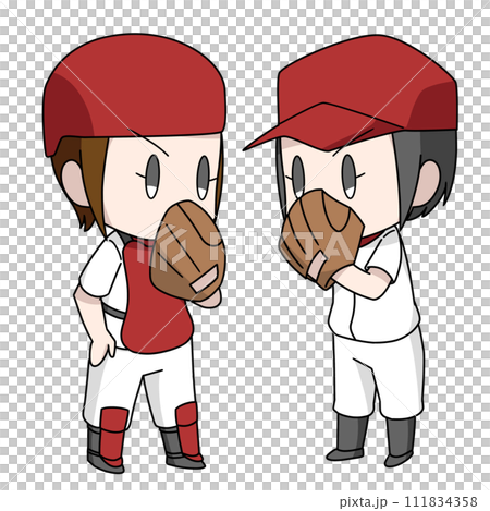 Illustration of a baseball battery holding a meeting on the mound/Girls Illustration of a baseball battery holding a meeting on the mound/Girls 111834358