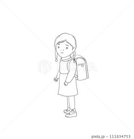 入学式。ランドセルを背負って桜の下で(色なし) 入学式。ランドセルを背負って桜の下で(色なし) 111834753