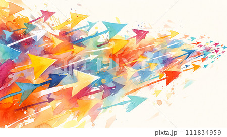 カラフルで抽象的なたくさんの右へ進む矢印の水彩イラスト背景「AI生成画像」 カラフルで抽象的なたくさんの右へ進む矢印の水彩イラスト背景「AI生成画像」 111834959