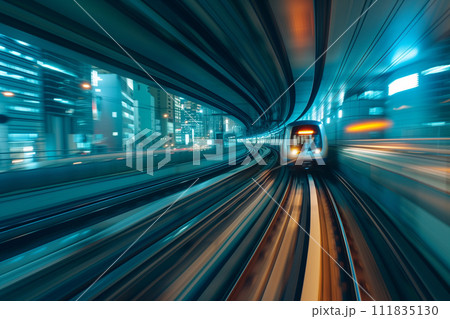 Dynamic motion blur captures a high-speed train moving through an urban tunnel with the city lights streaking by, conveying the energy of modern urban transportation. 111835130
