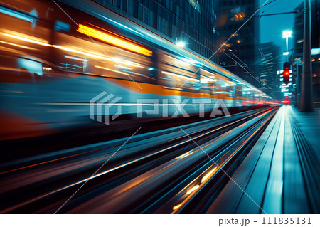 A city tram captured in a stunning motion blur as it speeds through the urban nightscape, its lights creating a colorful streak against the backdrop of the city. 111835131