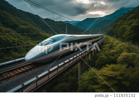 A sleek bullet train glides swiftly along the tracks, cutting through the lush green countryside with mountains in the backdrop, symbolizing technological progress and fast connectivity. 111835132