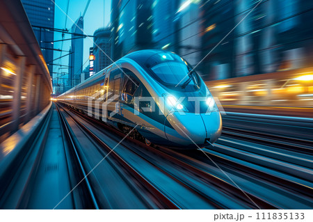 A futuristic high-speed train zooms along the tracks in a bustling urban environment, with the city's evening lights blurring past, showcasing the speed and efficiency of modern urban transportation. 111835133
