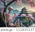 ピンクのスケルトンが城の前で花見をしているシーン 111835137