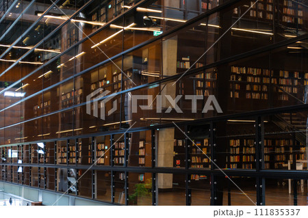 Public Library architecture bookcase Indoor trees Modern interior design of library in European Solidarity Centre Gdansk Poland. Biophilia design connecting with nature green areas. Modern abstract 111835337