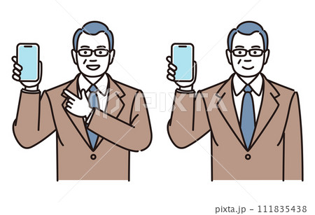 スマホを見せながら説明する中年ビジネスマンのシンプルイラストセット 111835438