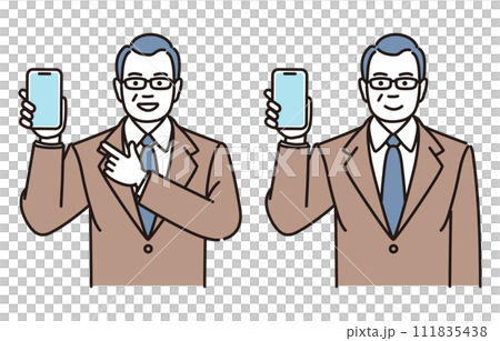 スマホを見せながら説明する中年ビジネスマンのシンプルイラストセット 111835438