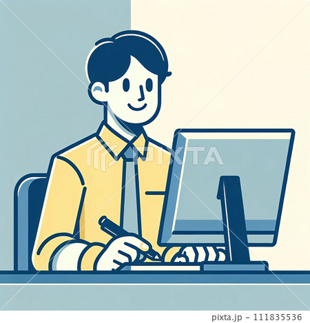男性がオフィスで仕事しているシンプルなイラスト。男性は一人でデスクトップPCのモニターを見ている。 男性がオフィスで仕事しているシンプルなイラスト。男性は一人でデスクトップPCのモニターを見ている。 111835536