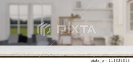Empty space on a white tabletop with a blurred background of a contemporary living room. 111835818