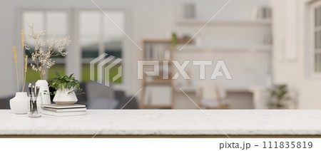 Empty space on a white tabletop with a blurred background of a contemporary living room. 111835819