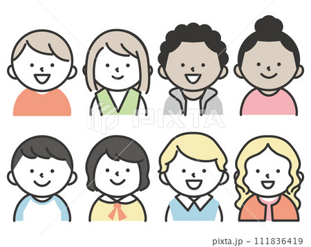 世界の色々な国の子供たちのイラストセット　笑顔の表情の上半身 111836419