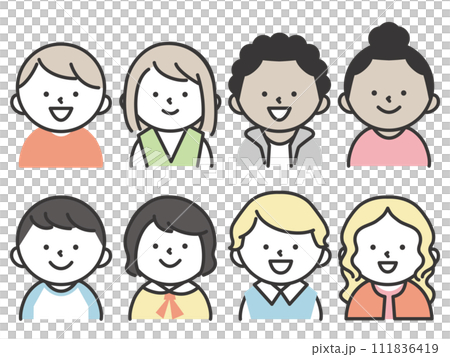 世界の色々な国の子供たちのイラストセット　笑顔の表情の上半身 111836419