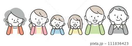 頬杖をついて横に並ぶ三世代の家族 111836423