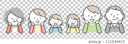 頬杖をついて横に並ぶ三世代の家族 111836423