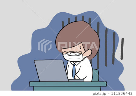 体調不良だけど仕事を休めない男性社員のイラスト 体調不良だけど仕事を休めない男性社員のイラスト 111836442