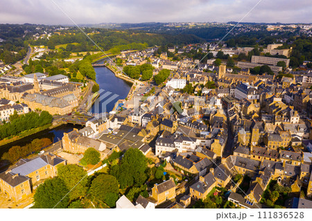Aerial view of Lannion city with buildings and Lege river 111836528