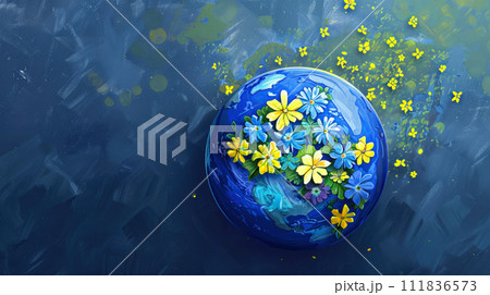 An illustration depicting a globe of the earth decorated with yellow and blue flowers - the colors of the World Down Syndrome Day symbol. Environmental protection. Generated AI 111836573