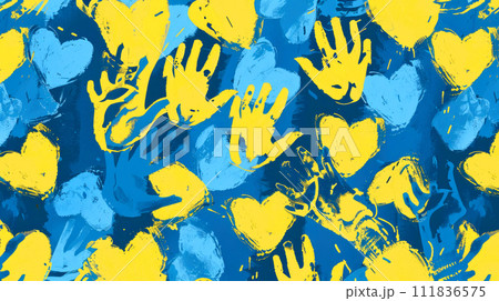 Background with palm prints and hearts in blue and yellow. World Down Syndrome Day. Generated AI 111836575